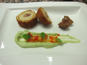 Chicken farcie torchon, chicken oysters, avocado puree, melon and pepper brunoise